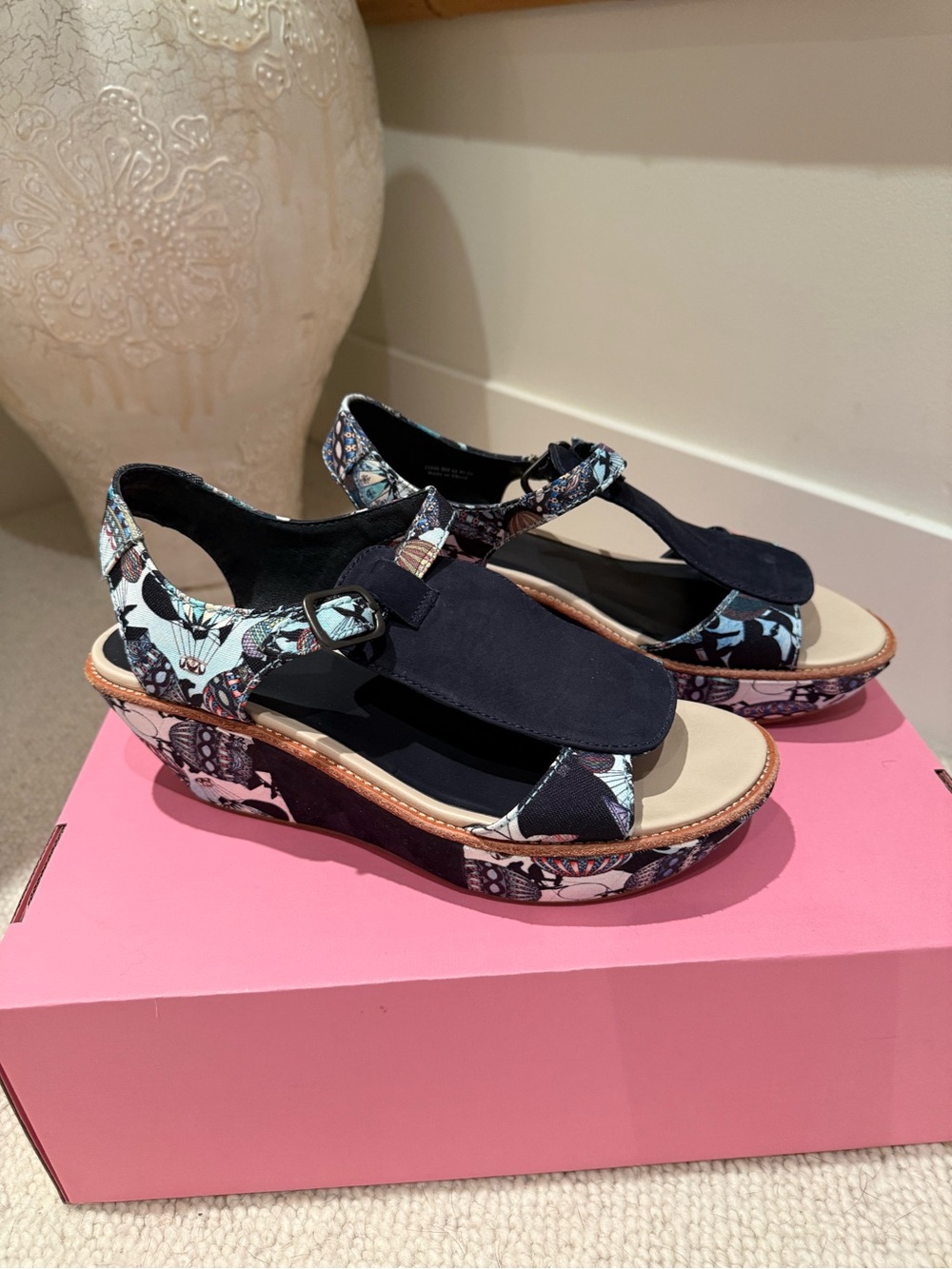 Camper Navy and Light Blue Floral Wedge Sandals